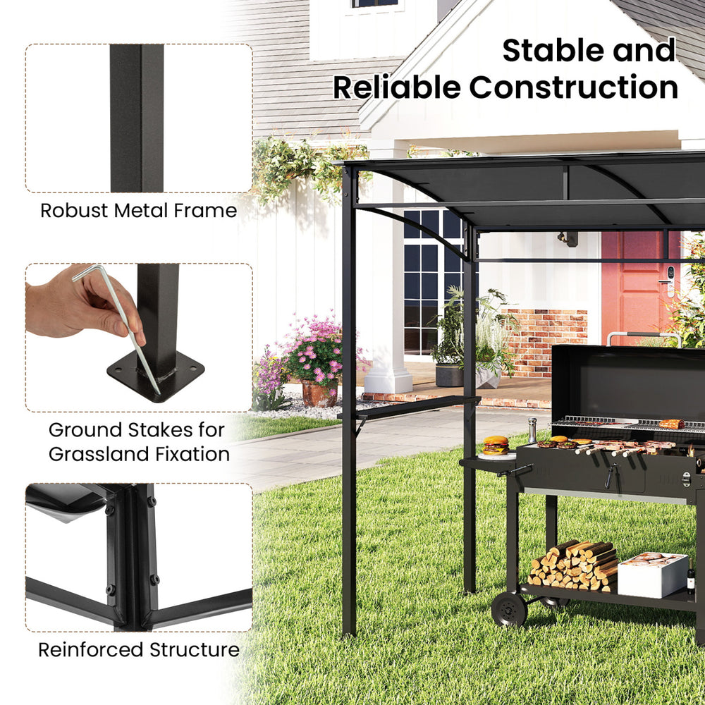 7 feet gray grill gazebo featuring a robust metal frame, ground stakes for stability, and reinforced structure.