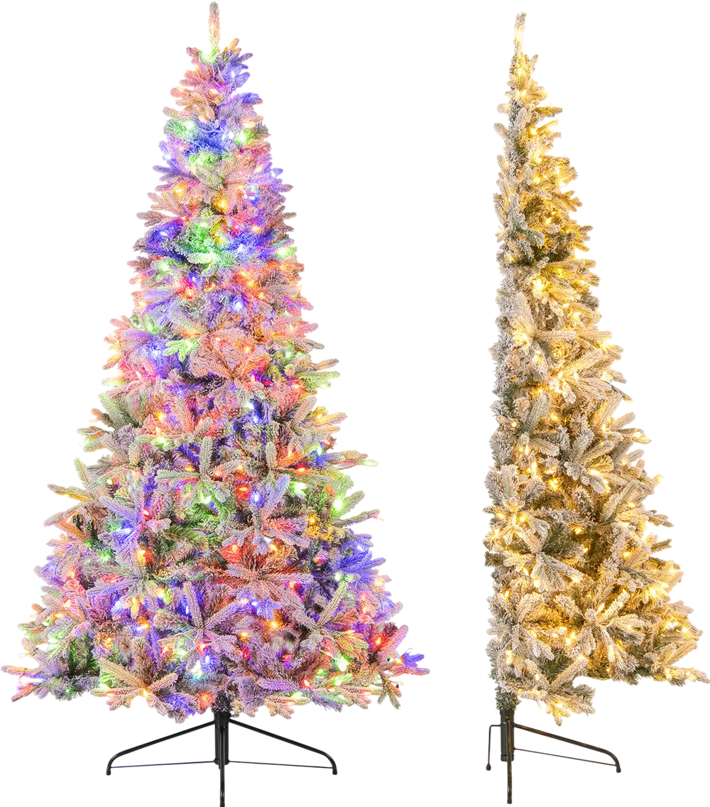 7 feet half artificial Christmas tree with 852 flocked branch tips, multicolored LED lights, and space-saving design.