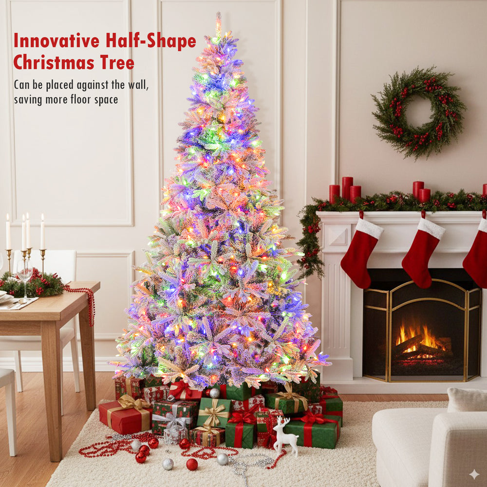 7-foot half artificial Christmas tree with 852 flocked branch tips, LED lights, and space-saving design for festive.