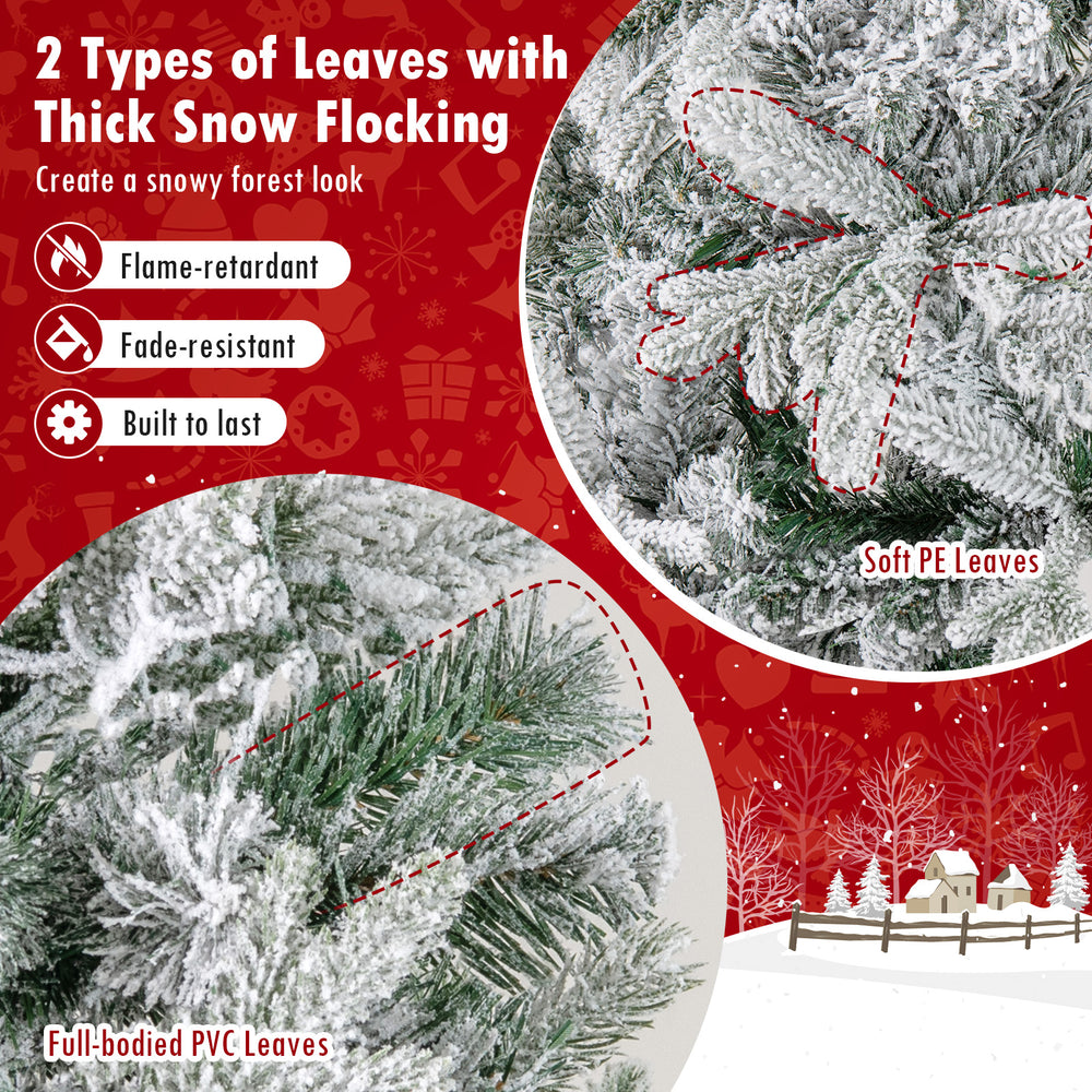 Half artificial Christmas tree with 852 flocked PE and PVC branch tips, featuring thick snow flocking for a snowy look.