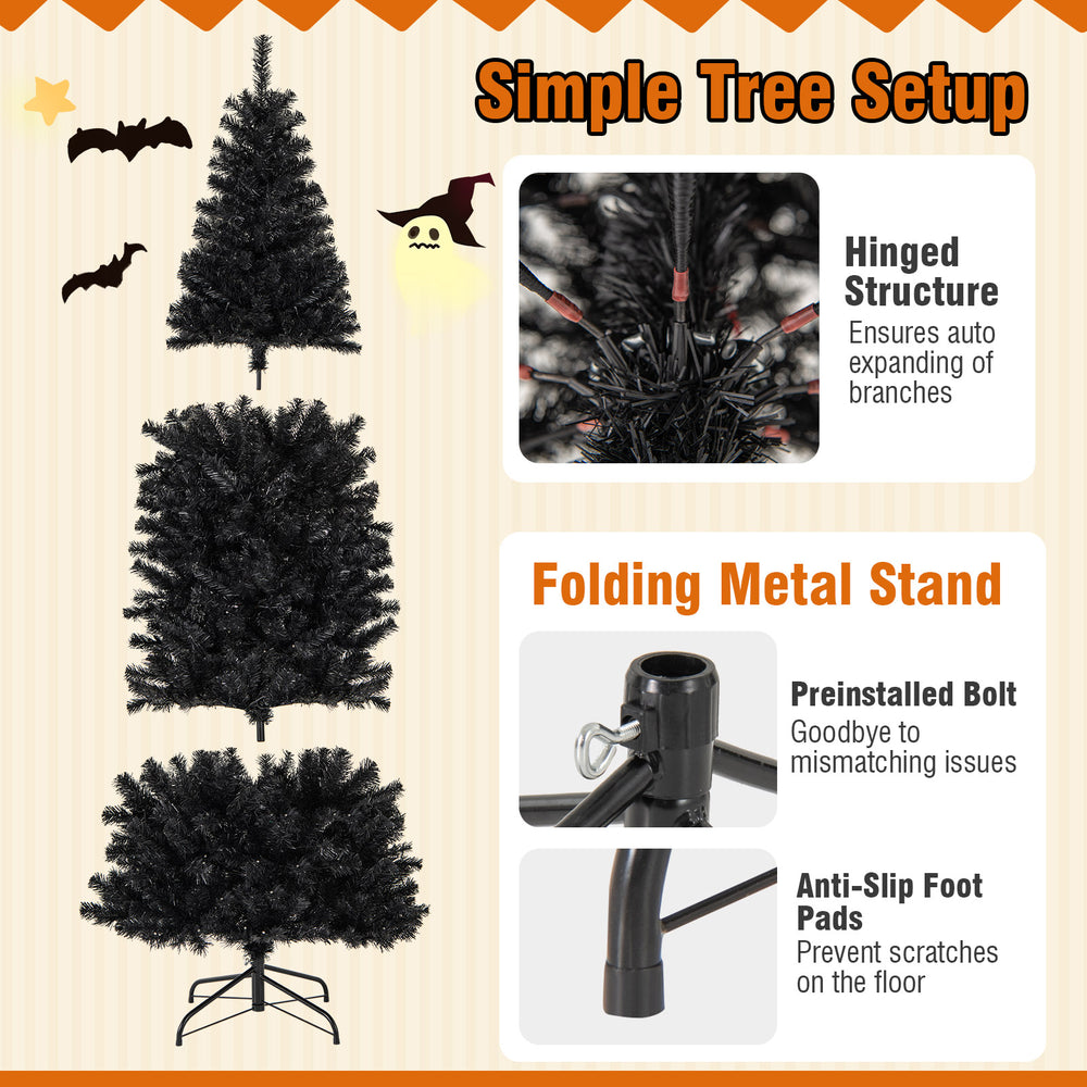 Pre-lit 7ft black artificial Christmas Halloween tree with PVC branch tips and warm white lights, ideal for festive.