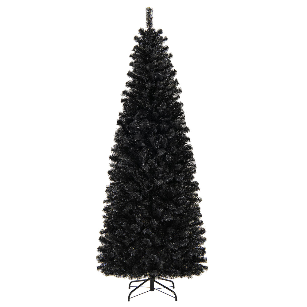 Black pre-lit artificial Christmas and Halloween tree with warm white lights, 7 ft tall, featuring durable PVC branch.