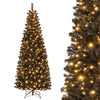 Pre-lit 7ft black artificial Christmas tree with warm white lights, ideal for holiday and festival decoration.