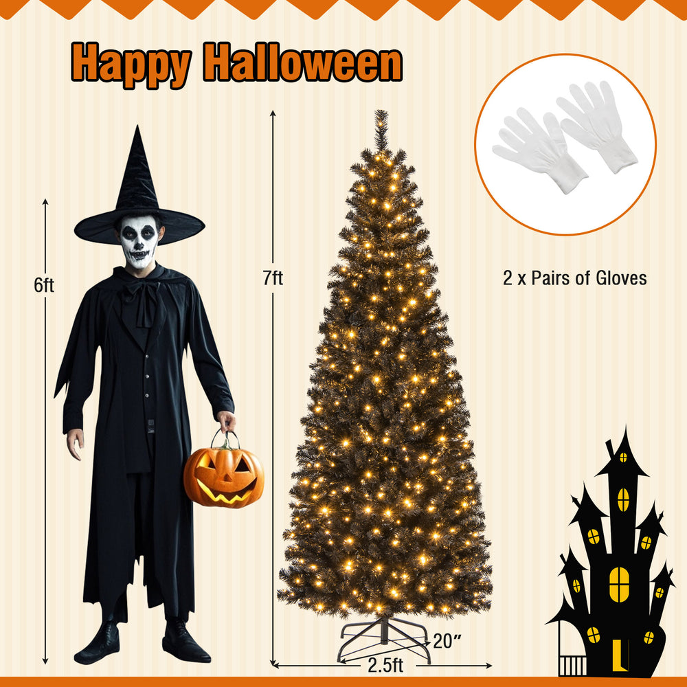 Pre-lit 7ft black artificial tree with warm white lights, perfect for Halloween and Christmas celebrations.