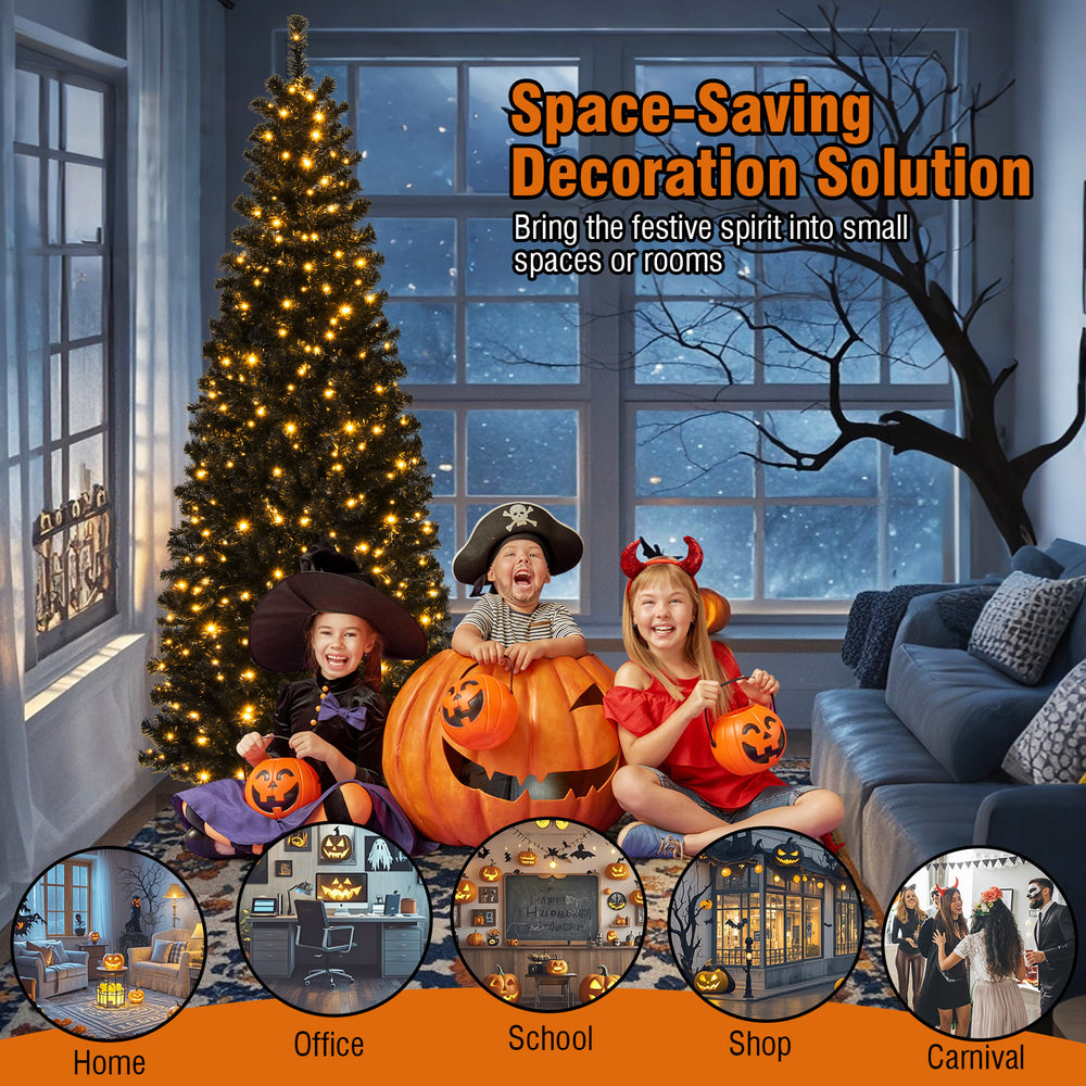 Pre-lit 7ft black artificial Christmas Halloween tree with warm white lights, perfect for festive decoration in any.