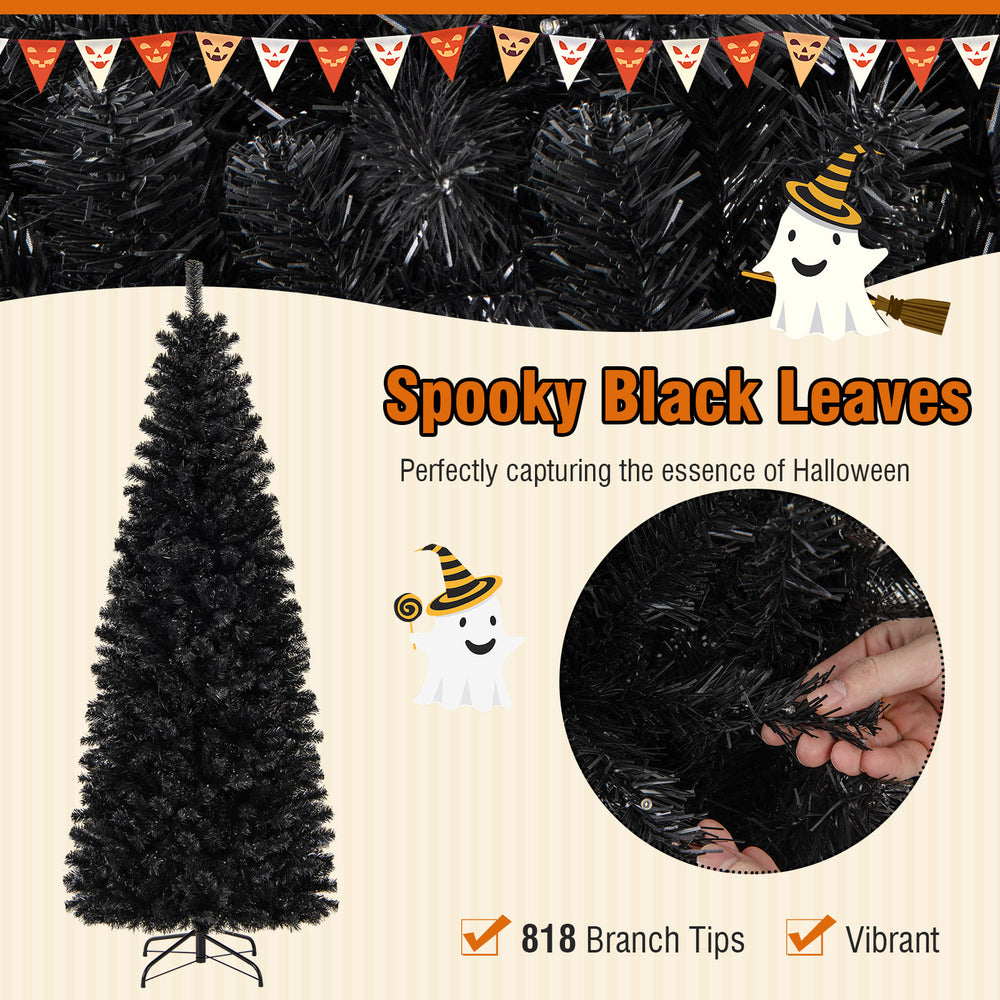 Pre-lit 7ft black artificial tree with PVC branch tips and warm white lights, perfect for Halloween and Christmas.