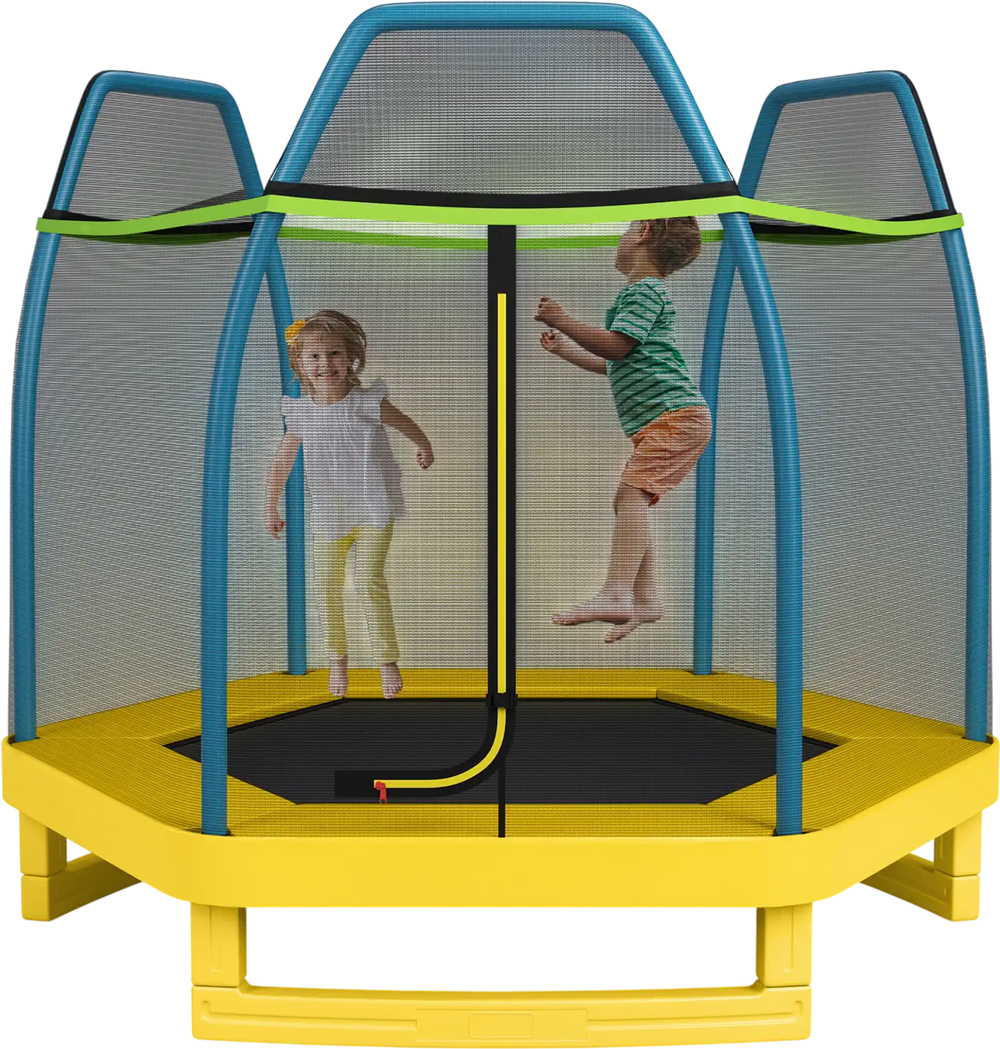 Kids jumping on a 7 feet yellow recreational trampoline with safety enclosure net, perfect for indoor and outdoor fun.