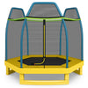 7-foot kids trampoline in yellow with safety enclosure net, designed for indoor and outdoor jumping fun.