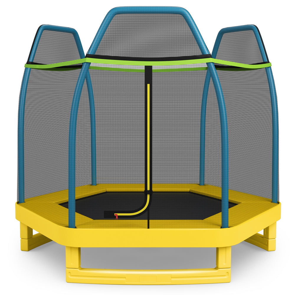 7-foot kids trampoline in yellow with safety enclosure net, designed for indoor and outdoor jumping fun.