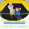 Kids enjoying the 7 feet yellow trampoline with a high-resilience jumping mat for safe indoor and outdoor fun.