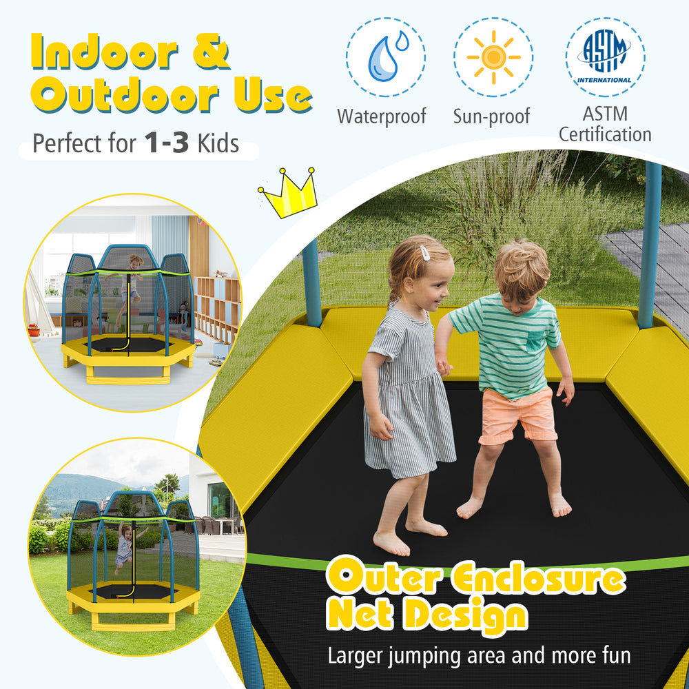 Kids enjoying the 7 feet yellow trampoline with outer enclosure net, perfect for indoor and outdoor fun.