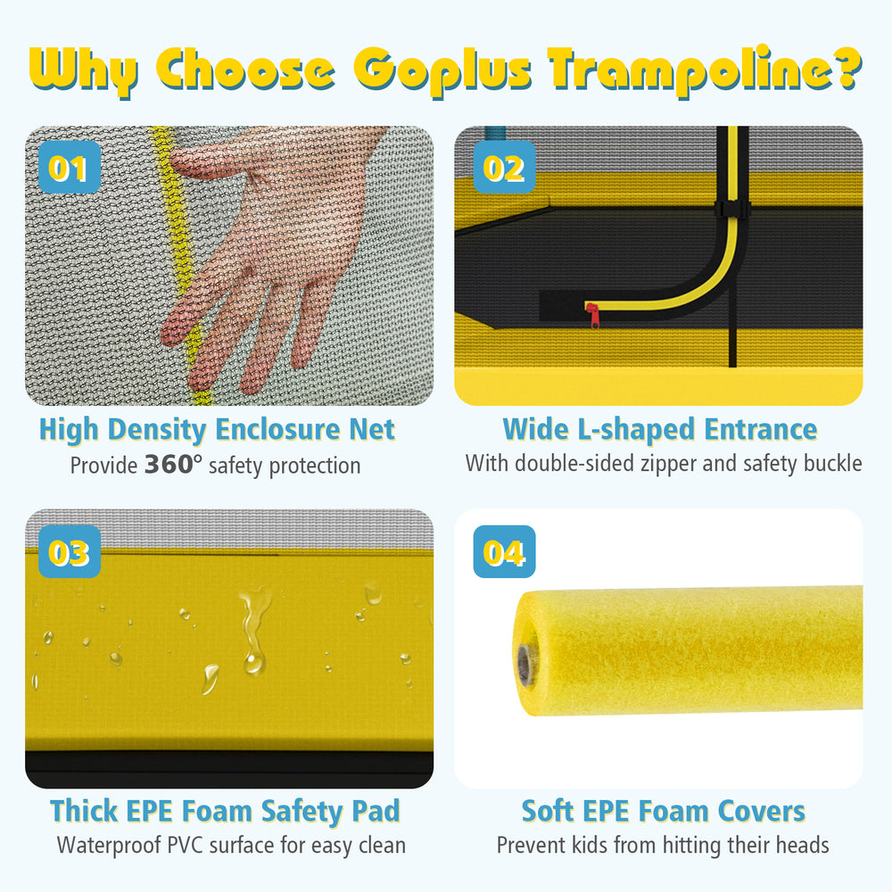High density enclosure net and soft foam covers ensure safety for kids on this 7 feet yellow trampoline for indoor and.