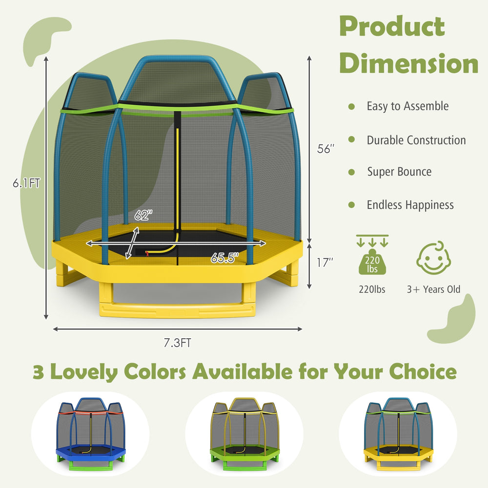 Kids recreational bounce jumper trampoline in yellow, 7 feet, featuring a safety enclosure net and durable construction.