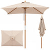 Beige 7-foot outdoor rectangular patio umbrella features a sturdy wooden pole and adjustable height for versatile shade.