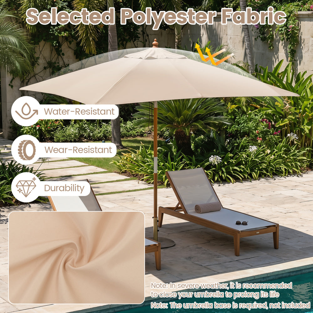 Beige 7 feet outdoor rectangular patio umbrella features a water-resistant polyester canopy and adjustable height for versatile shade.