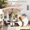 7 feet outdoor rectangular patio umbrella in beige with push-button tilt mechanism for adjustable shade and airflow.
