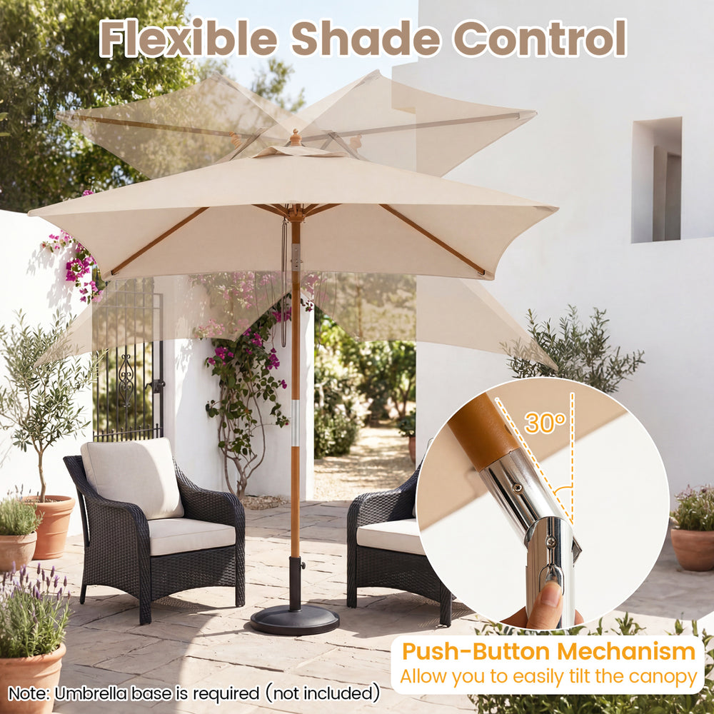 7 feet outdoor rectangular patio umbrella in beige with push-button tilt mechanism for adjustable shade and airflow.