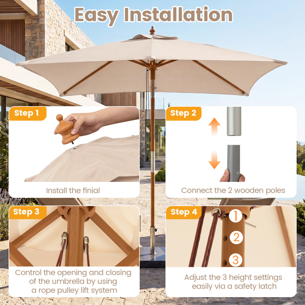 7 feet beige outdoor rectangular patio umbrella features a sturdy wooden pole and 3 adjustable heights for versatile shade.
