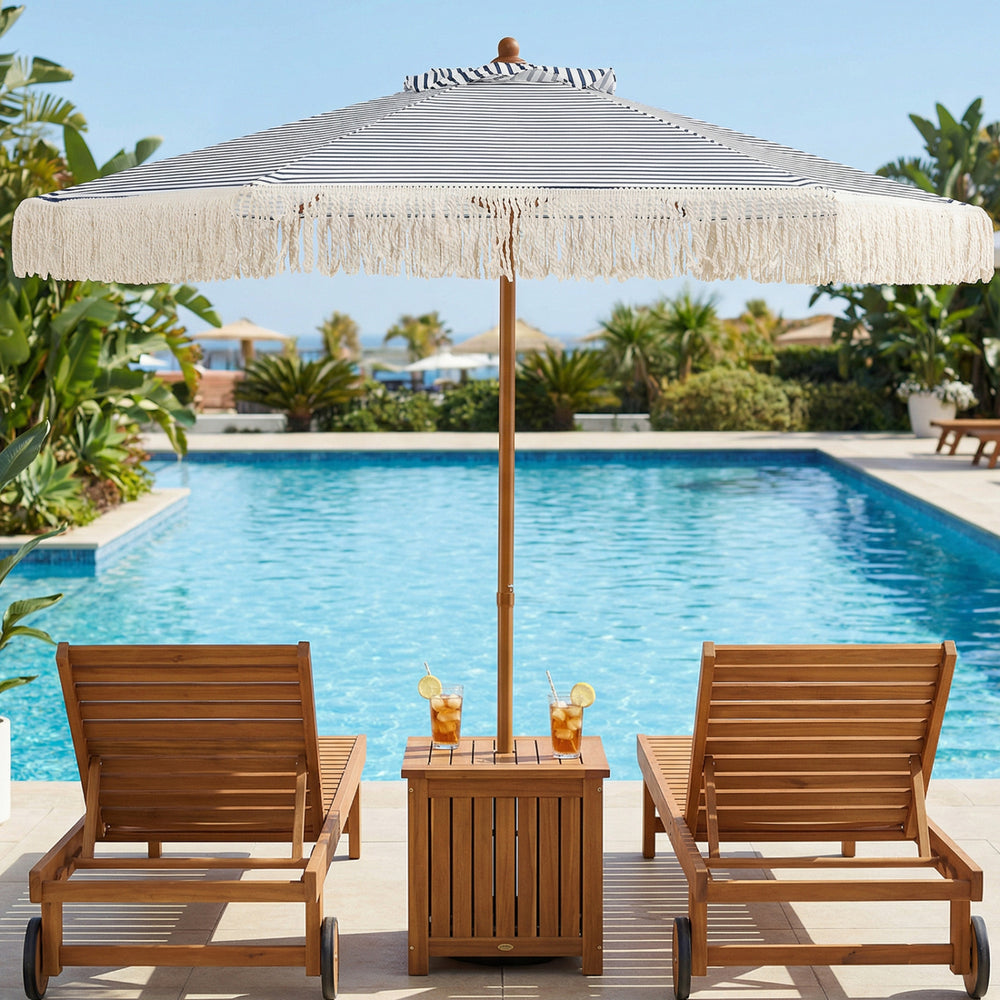 7 Feet Patio Umbrella with Fringe Sun-Protective Beach Umbrella with Boho Tassel-Blue - Gallery View 1 of 10