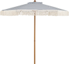 7 feet patio umbrella with blue stripes and fringe, featuring a sturdy aluminum pole and boho tassels for stylish shade.