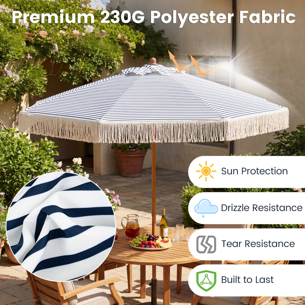 7 feet patio umbrella with blue stripes and fringe, made of 230G polyester for sun protection and durability.