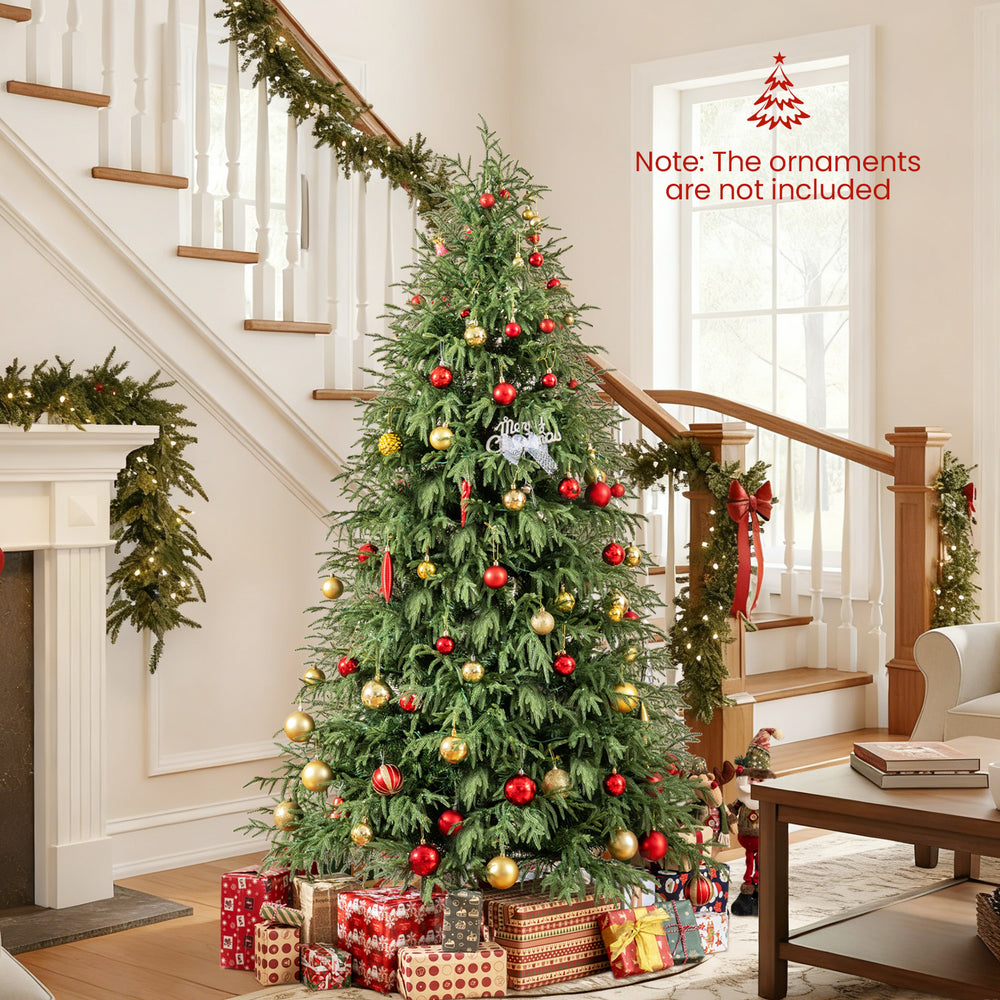7-foot pre-lit artificial Christmas tree with soft branch tips, featuring warm white LED lights and a stable metal base.