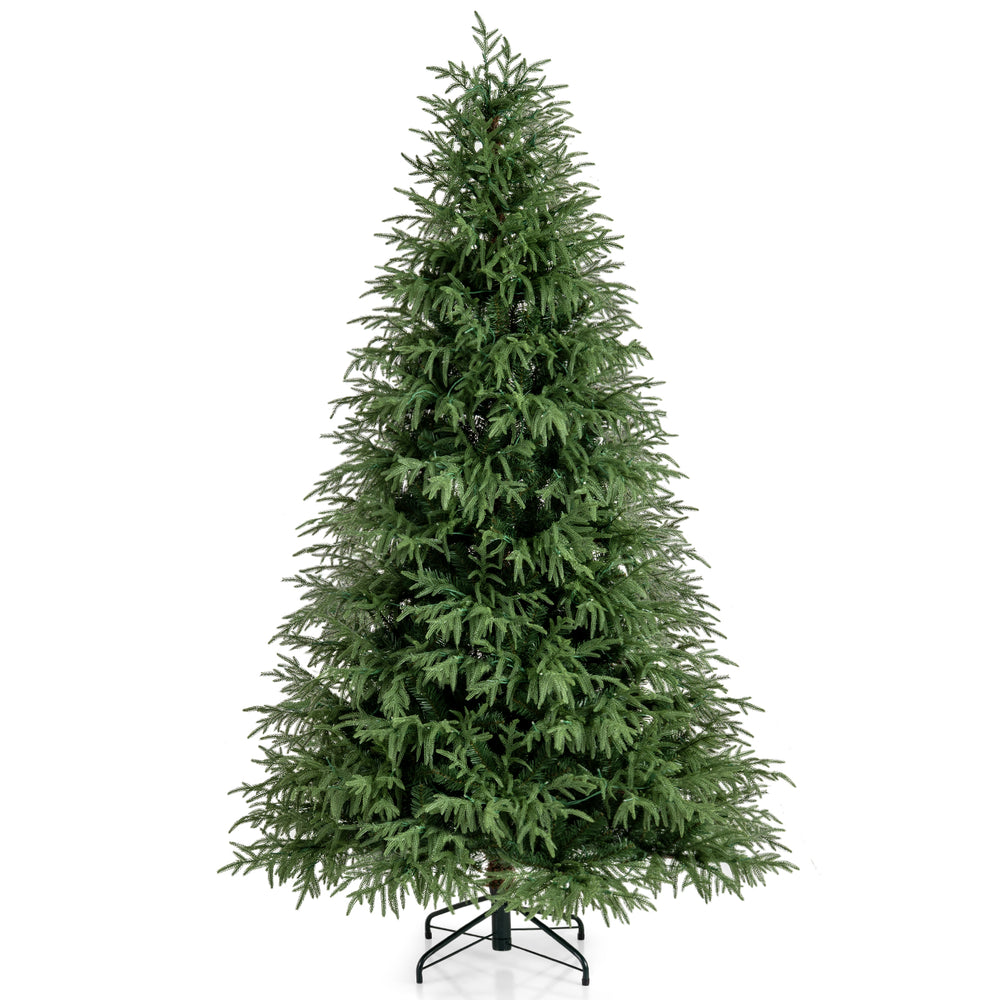 7-foot pre-lit artificial Christmas tree with soft branch tips and 470 warm white LED lights for festive decoration.