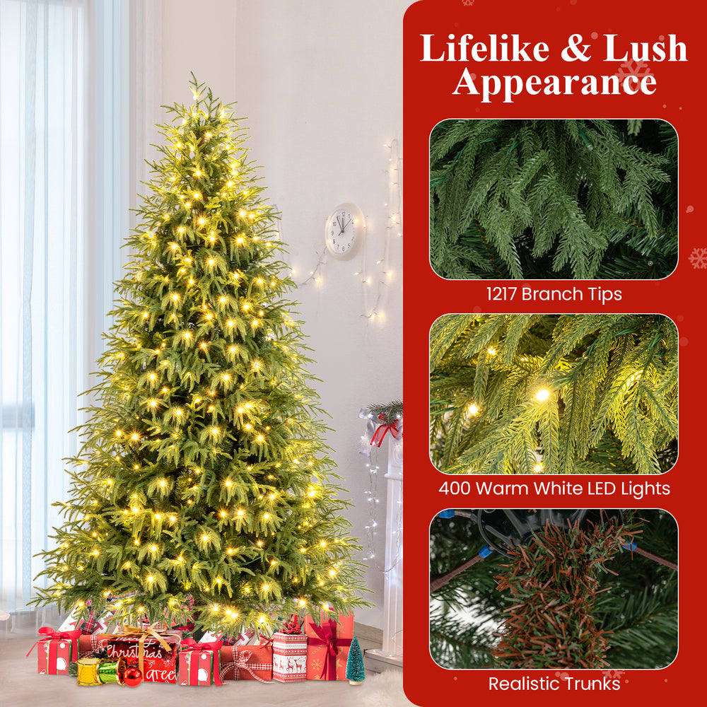 7-foot pre-lit artificial Christmas tree with 1217 branch tips and 400 warm white LED lights for festive decoration.