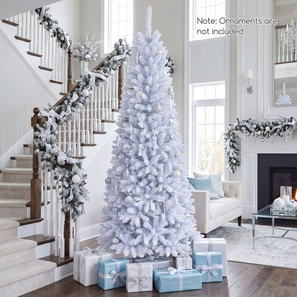 Slim 7-foot pre-lit white pencil Christmas tree with 300 LED lights and 8 flash modes, perfect for festive decor.
