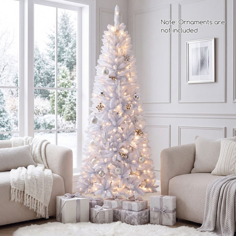 Pre-lit 7 feet white pencil Christmas tree with 300 LED lights and 8 flash modes, perfect for festive corner displays.