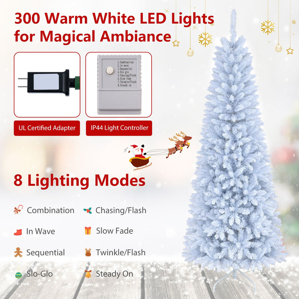 7 feet pre-lit hinged pencil Christmas tree in white with 300 warm white LED lights and 8 lighting modes for festive ambiance.