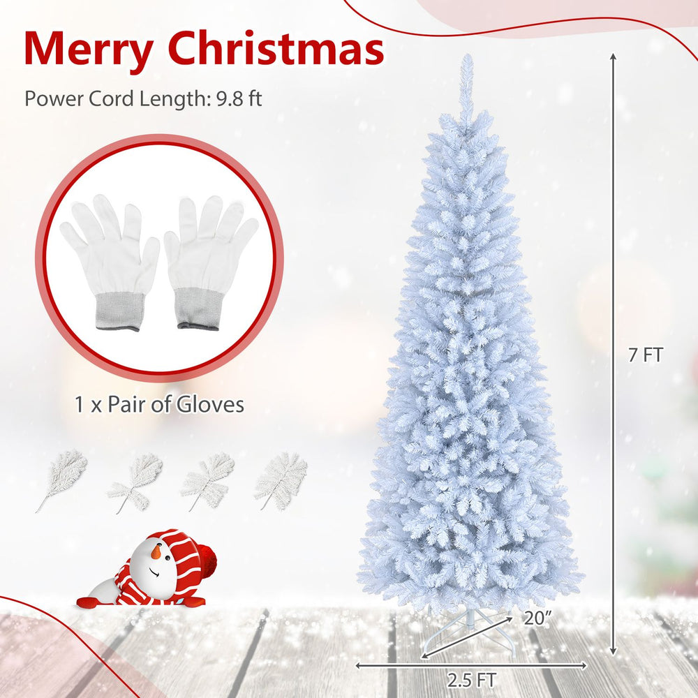 7-foot pre-lit hinged pencil Christmas tree in white with 300 LED lights and 8 flash modes for festive decor.