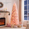 Slim 7-foot pre-lit snow flocked pencil Christmas tree with 300 warm white lights, perfect for small corners.