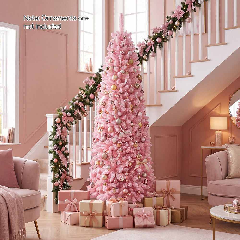 Slim 7-foot pre-lit snow flocked Christmas tree with 300 warm white lights, perfect for small corners and festive decor.