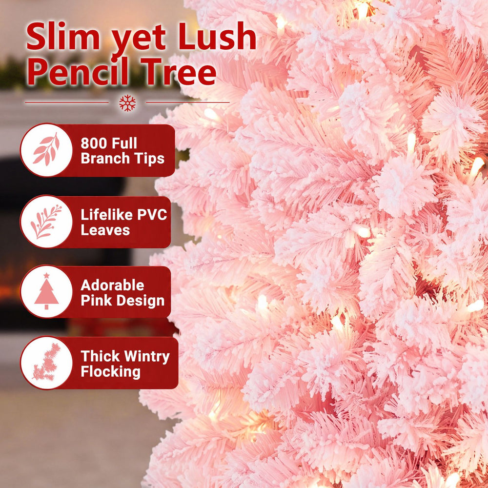 Slim 7-foot pre-lit pencil Christmas tree with 800 branch tips, 300 warm white lights, and thick pink snow flocking.