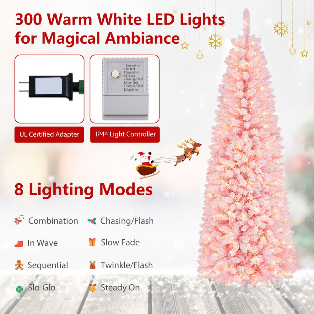 7 feet pre-lit snow flocked pencil Christmas tree with 300 warm white LED lights and 8 lighting modes for festive ambiance.