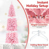 7-foot pre-lit snow flocked pencil Christmas tree with 300 lights, featuring hinged branches and a folding metal stand.