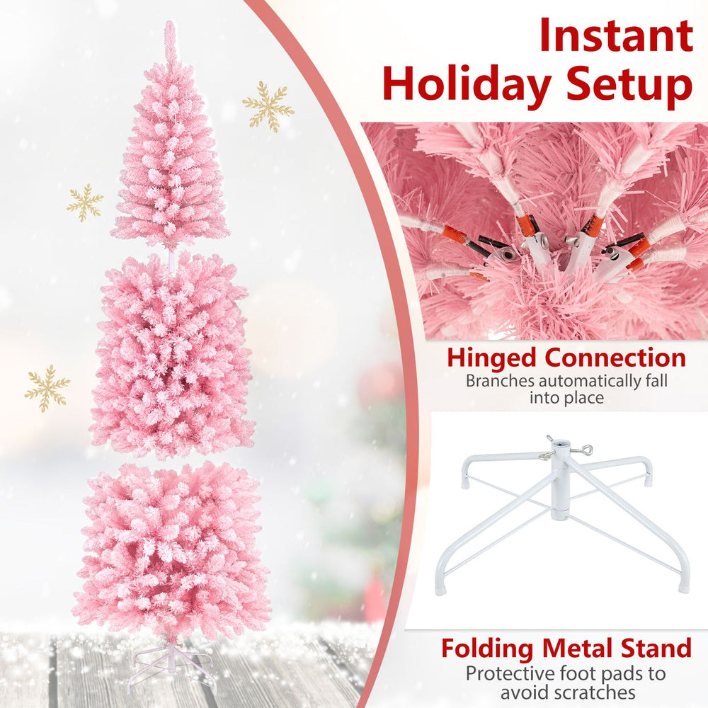 7-foot pre-lit snow flocked pencil Christmas tree with 300 lights, featuring hinged branches and a folding metal stand.