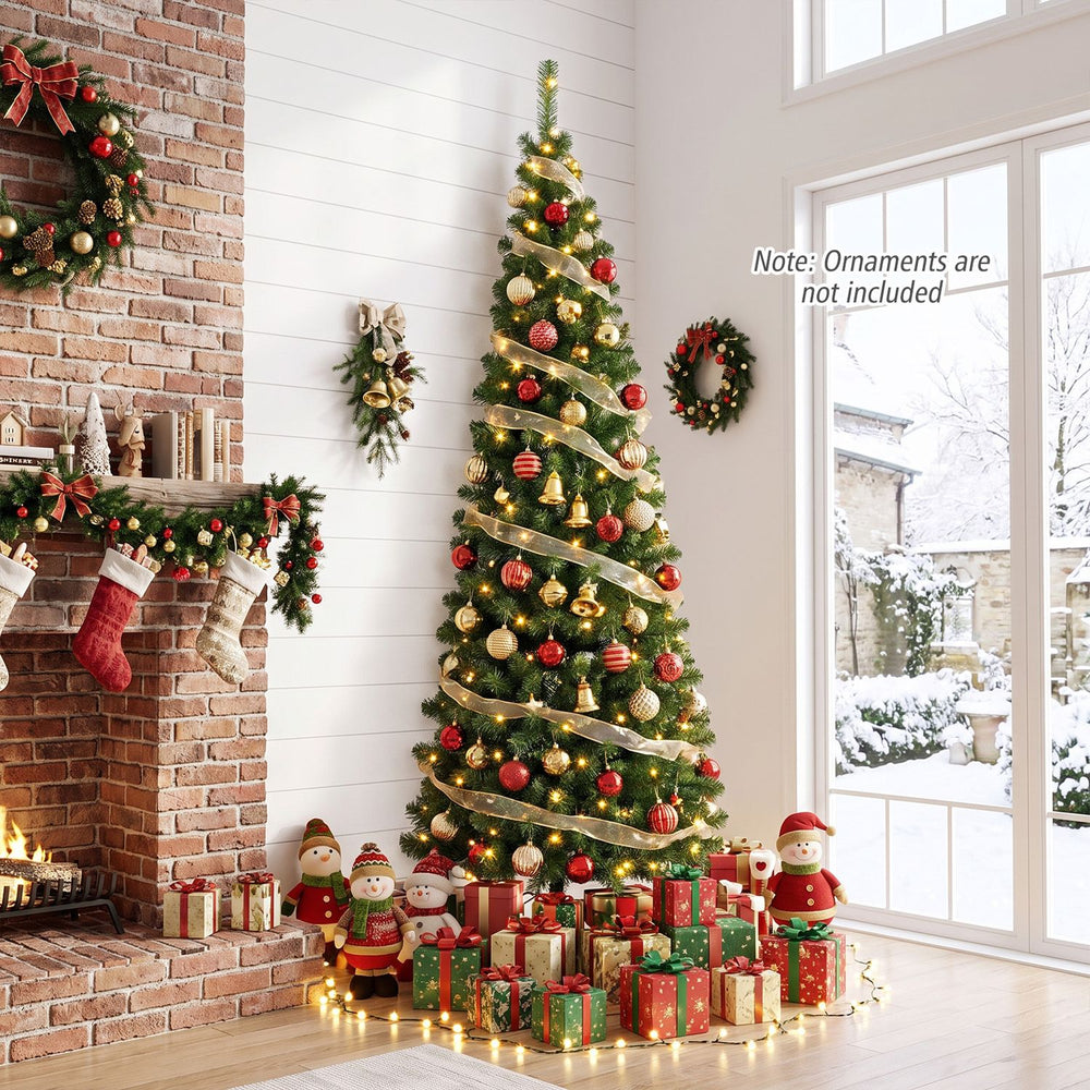 Prelit half-shape Christmas tree with 150 LED lights and 8 lighting modes, perfect for small space holiday decor.