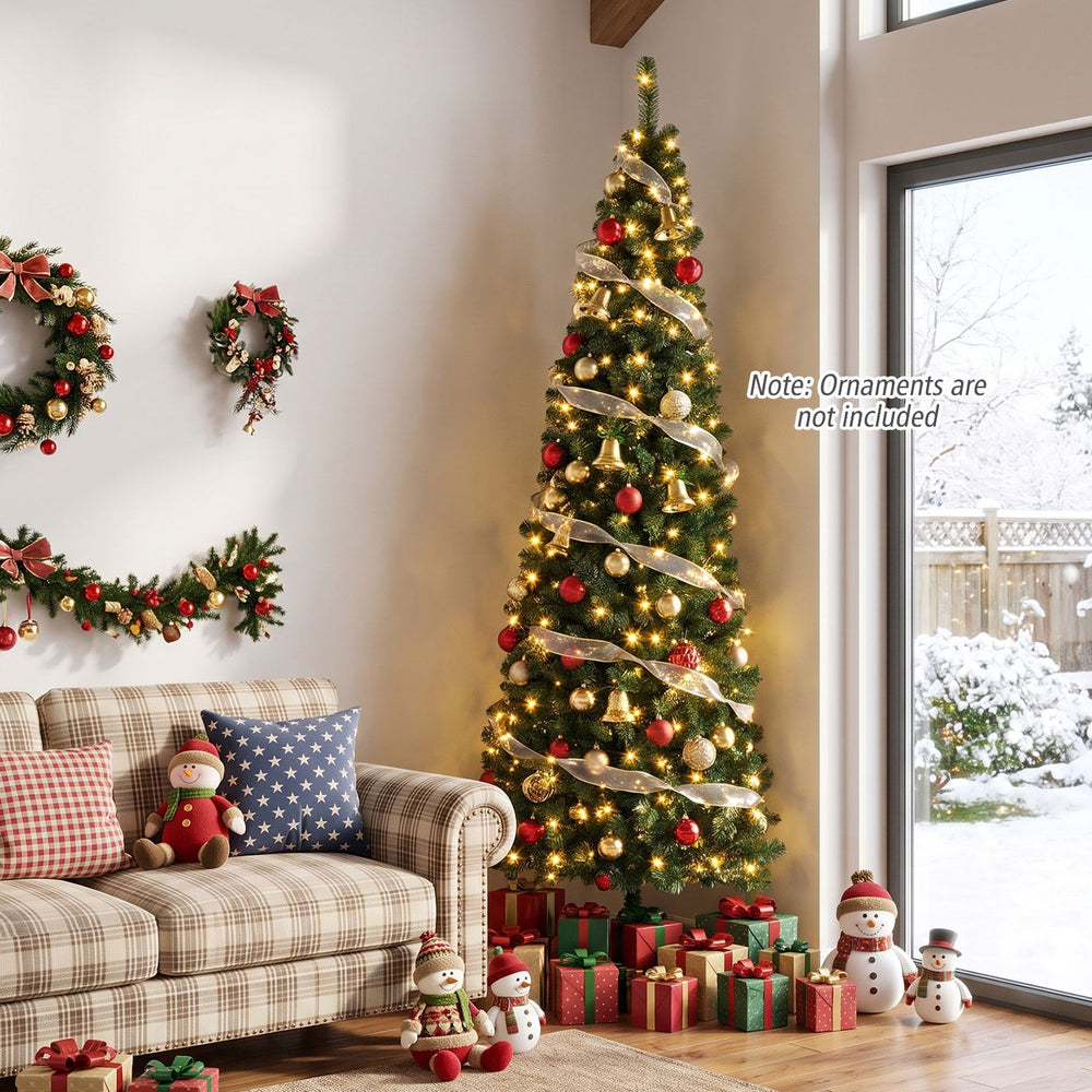 7 feet prelit half-shape Christmas tree with 150 LED lights and 8 lighting modes, perfect for small space decoration.