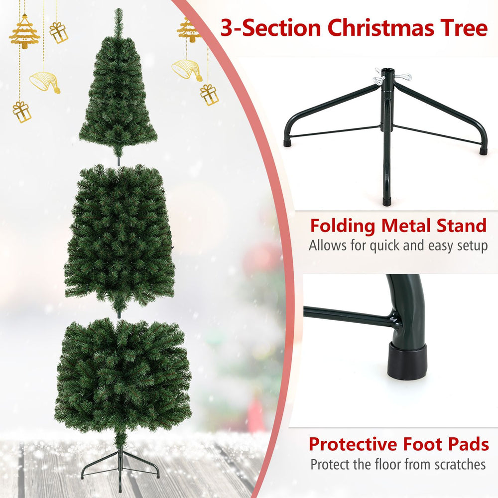 7 feet prelit half-shape Christmas tree with 150 LED lights and folding metal stand for easy setup in small spaces.