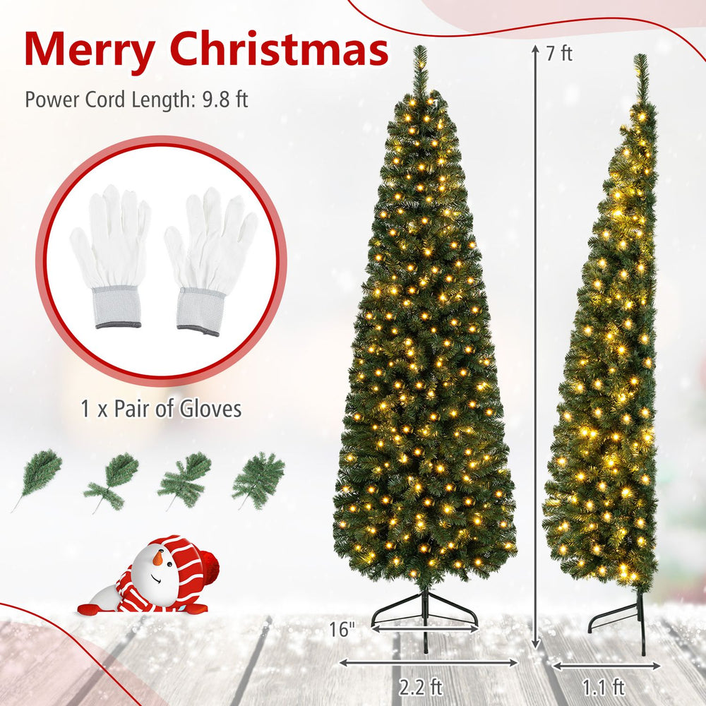 7-foot prelit half-shape Christmas tree with 150 LED lights, 8 lighting modes, and a folding metal stand for easy setup.