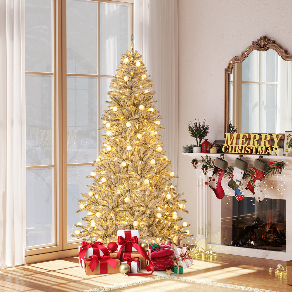 7 Feet Snow-flocked Artificial Christmas Tree Pre-lit Hinged with 81 Sphere Lights and Remote-7ft - Gallery View 1 of 10