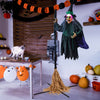 7 feet witch animatronic on broom with LED lights, featuring a stable base and spooky sound effects for Halloween fun.