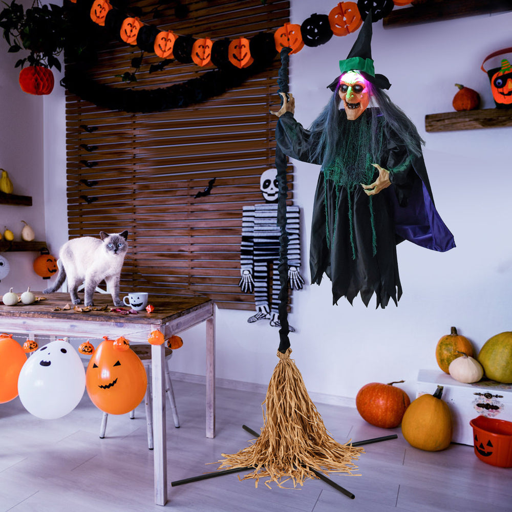 7 feet witch animatronic on broom with LED lights, featuring a stable base and spooky sound effects for Halloween fun.