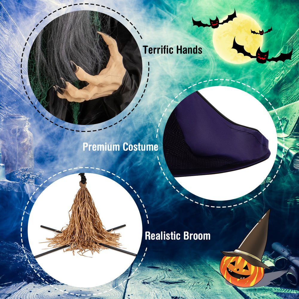 Life-size witch animatronic with terrific hands, realistic broom, and LED lights for spooky Halloween decor.