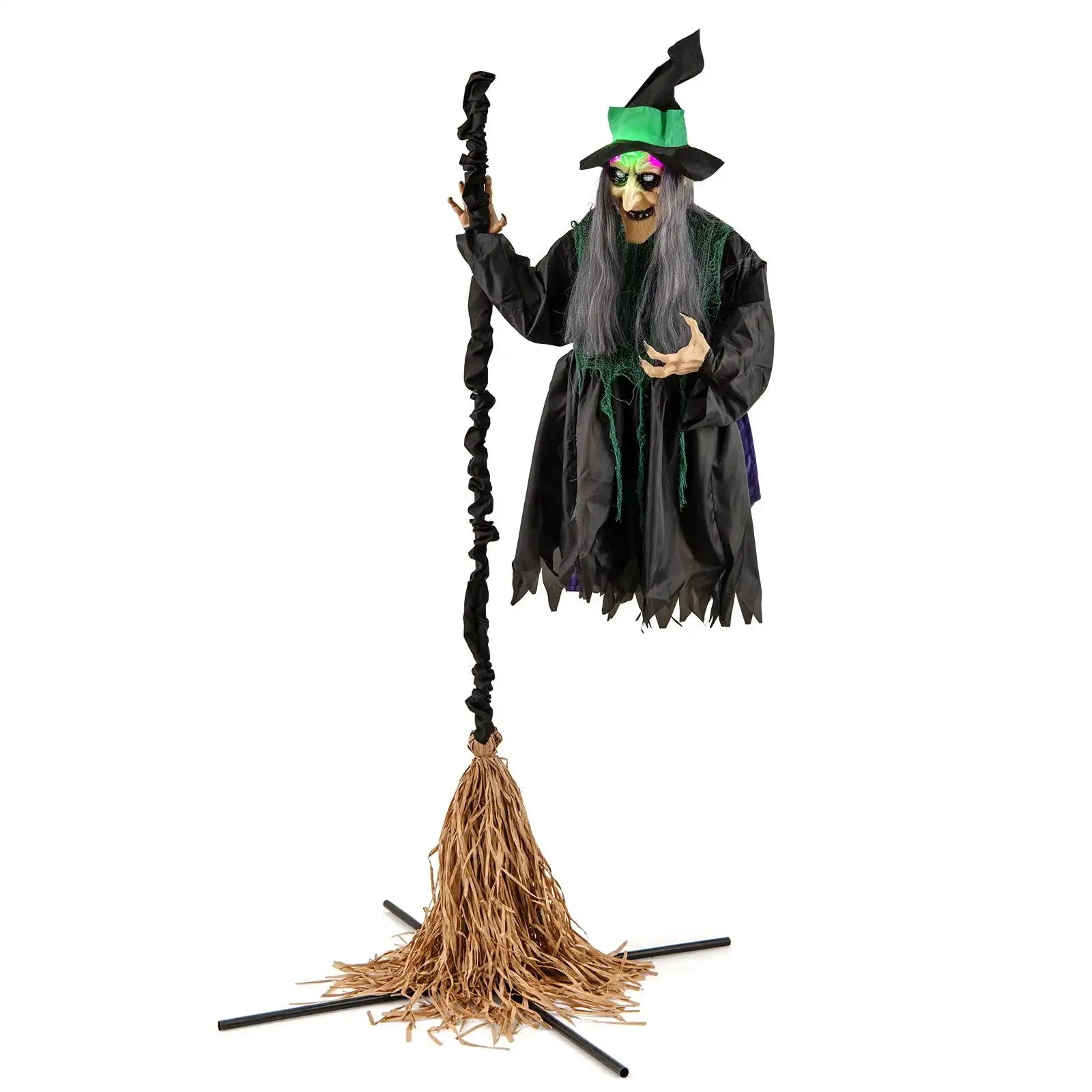 Costway 7' Halloween Animatronic Witch on Broom w/ LED Lights 45678213 New