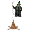 Life-size 7 feet witch animatronic on broom with LED lights, perfect for Halloween decorations and spooky atmospheres.