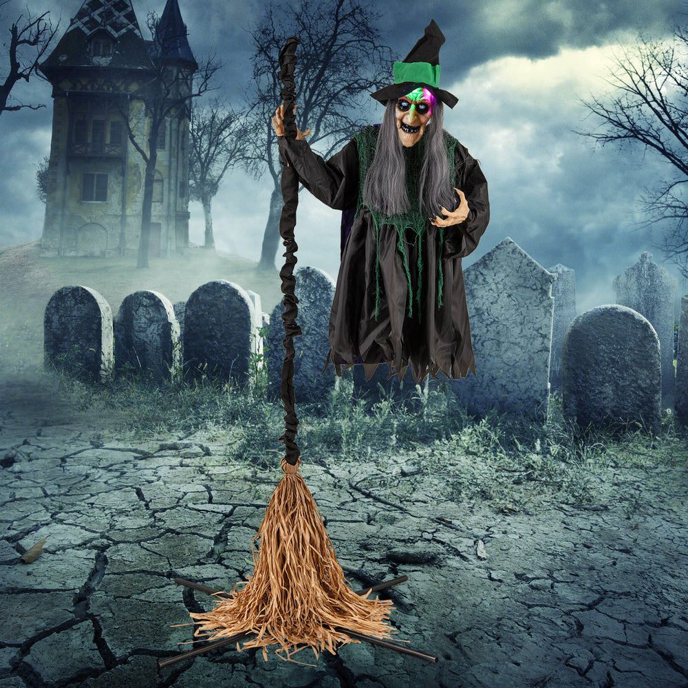 Life-size 7 feet witch animatronic on broom with LED lights, perfect for Halloween haunted houses and spooky decor.