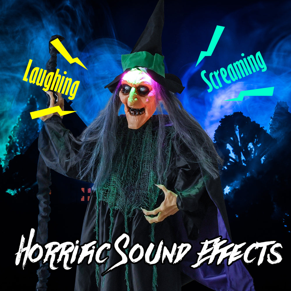 Life-size 7 feet witch animatronic with LED lights, laughing and screaming sound effects, perfect for Halloween decor.